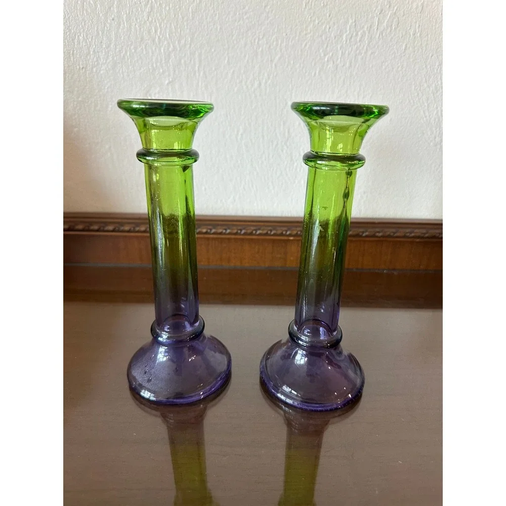 Vintage Two Tone Green and Purple Ombre Glass Taper Candle Holders Pair 8''